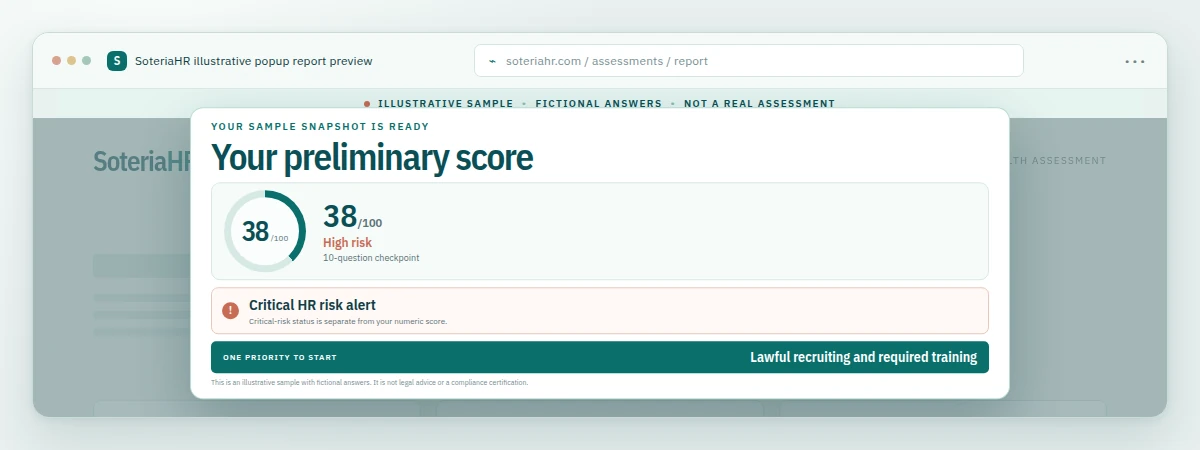 Illustrative preview of the SoteriaHR HR Health Assessment report popup