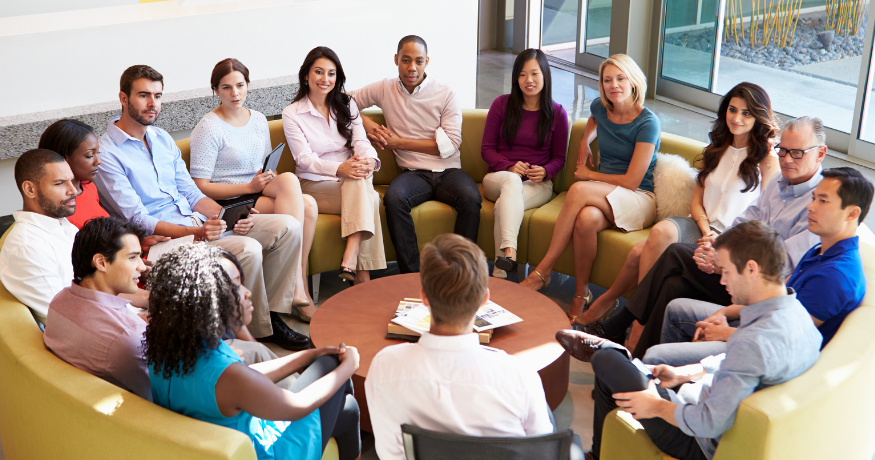 woman viewing hr compliance checklist with team in background