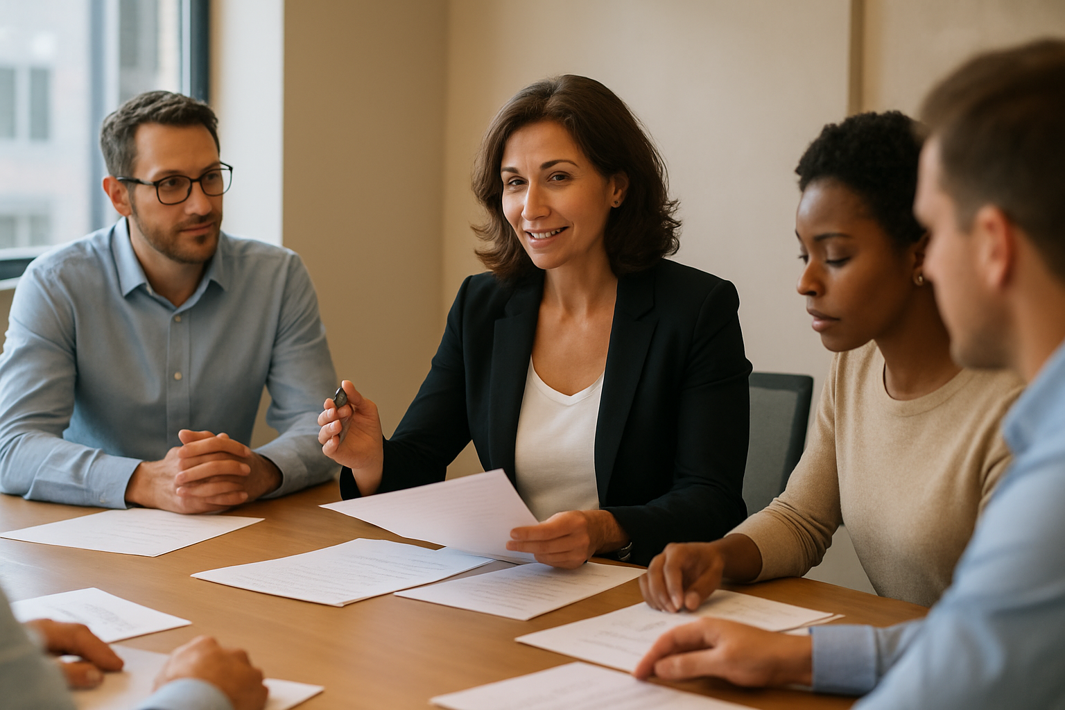 hr_admin_services_0019_Layer 3 woman viewing hr compliance checklist with team in background