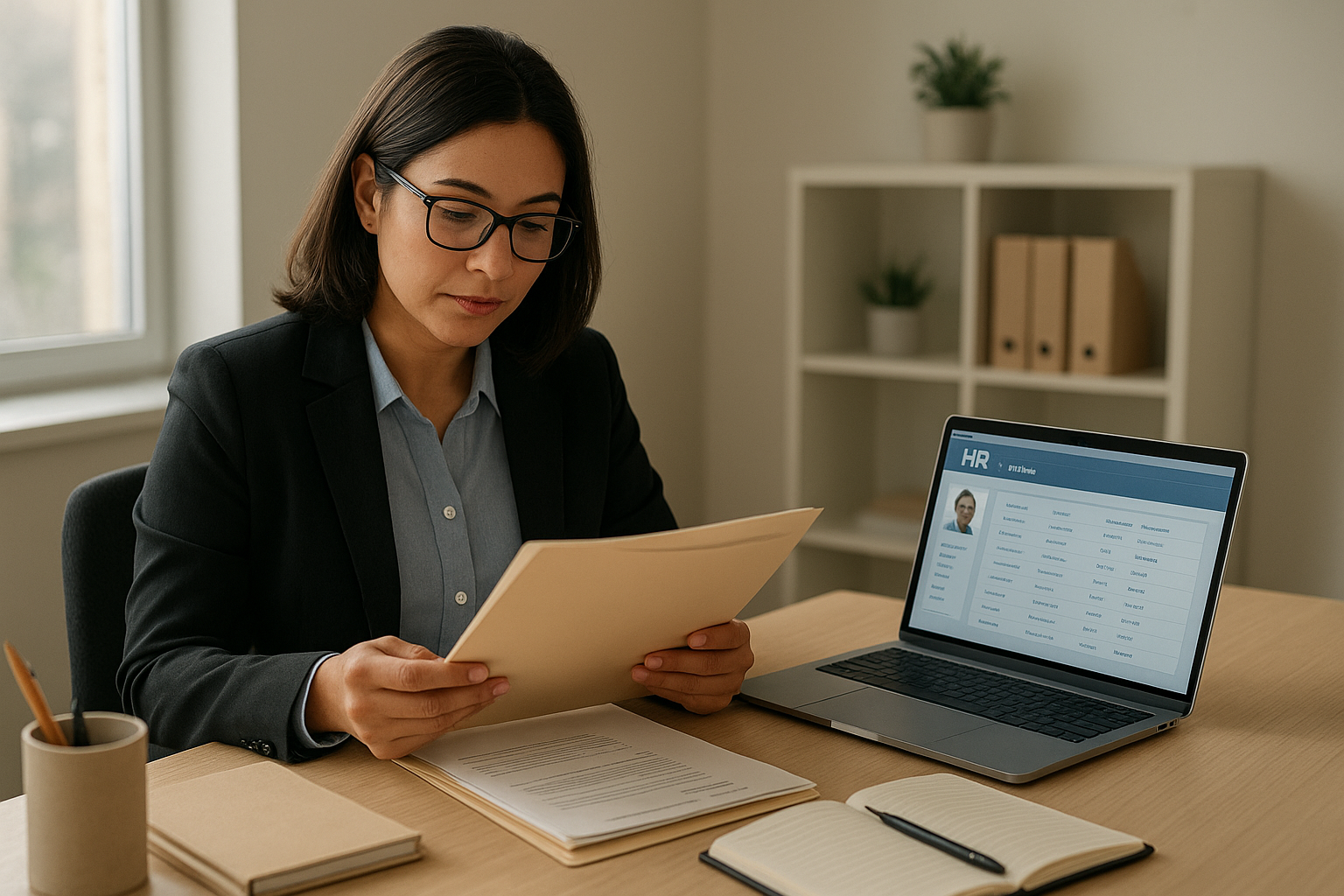 hr_admin_services_0019_Layer 3 woman viewing hr compliance checklist with team in background