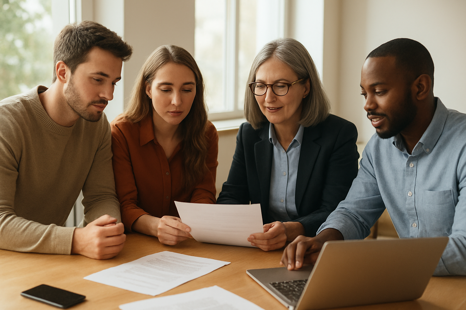 hr_admin_services_0019_Layer 3 woman viewing hr compliance checklist with team in background