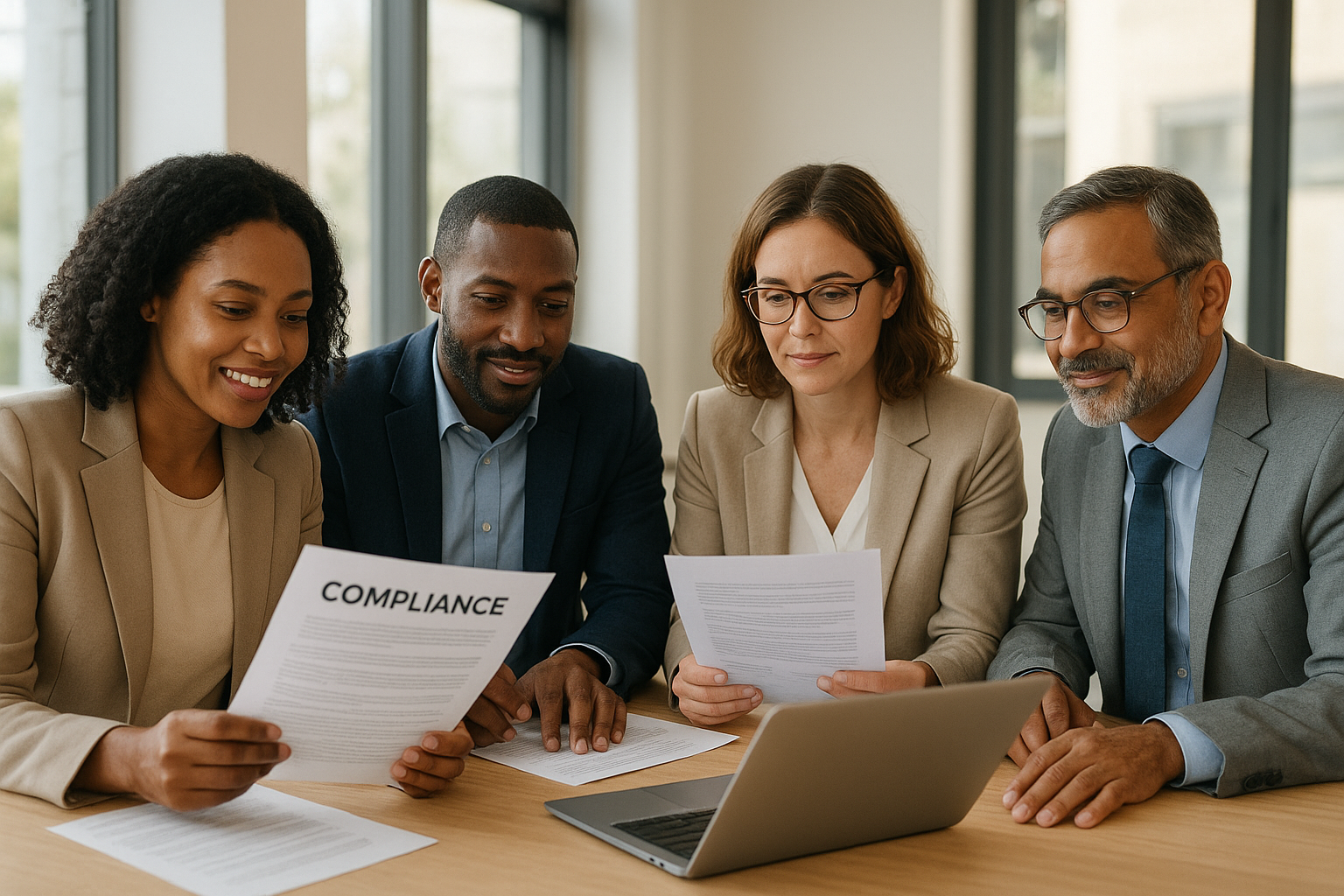 hr_admin_services_0019_Layer 3 woman viewing hr compliance checklist with team in background