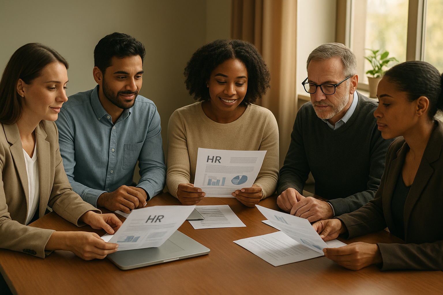 hr_admin_services_0019_Layer 3 woman viewing hr compliance checklist with team in background