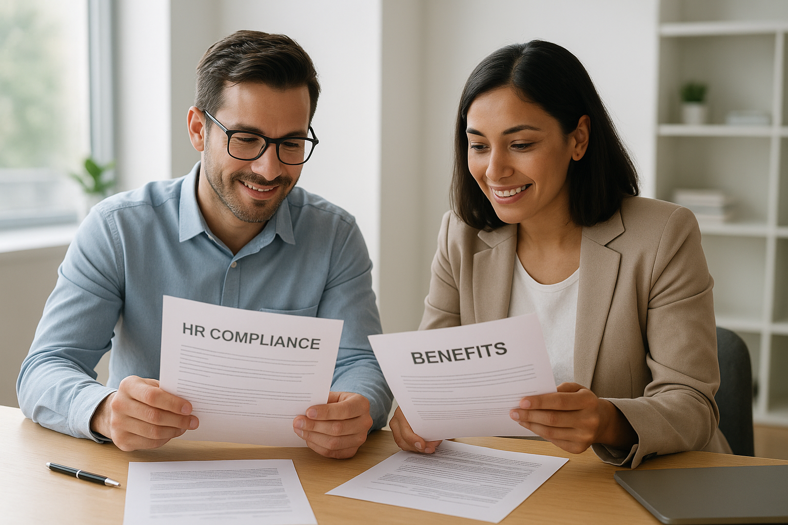 hr_admin_services_0019_Layer 3 woman viewing hr compliance checklist with team in background