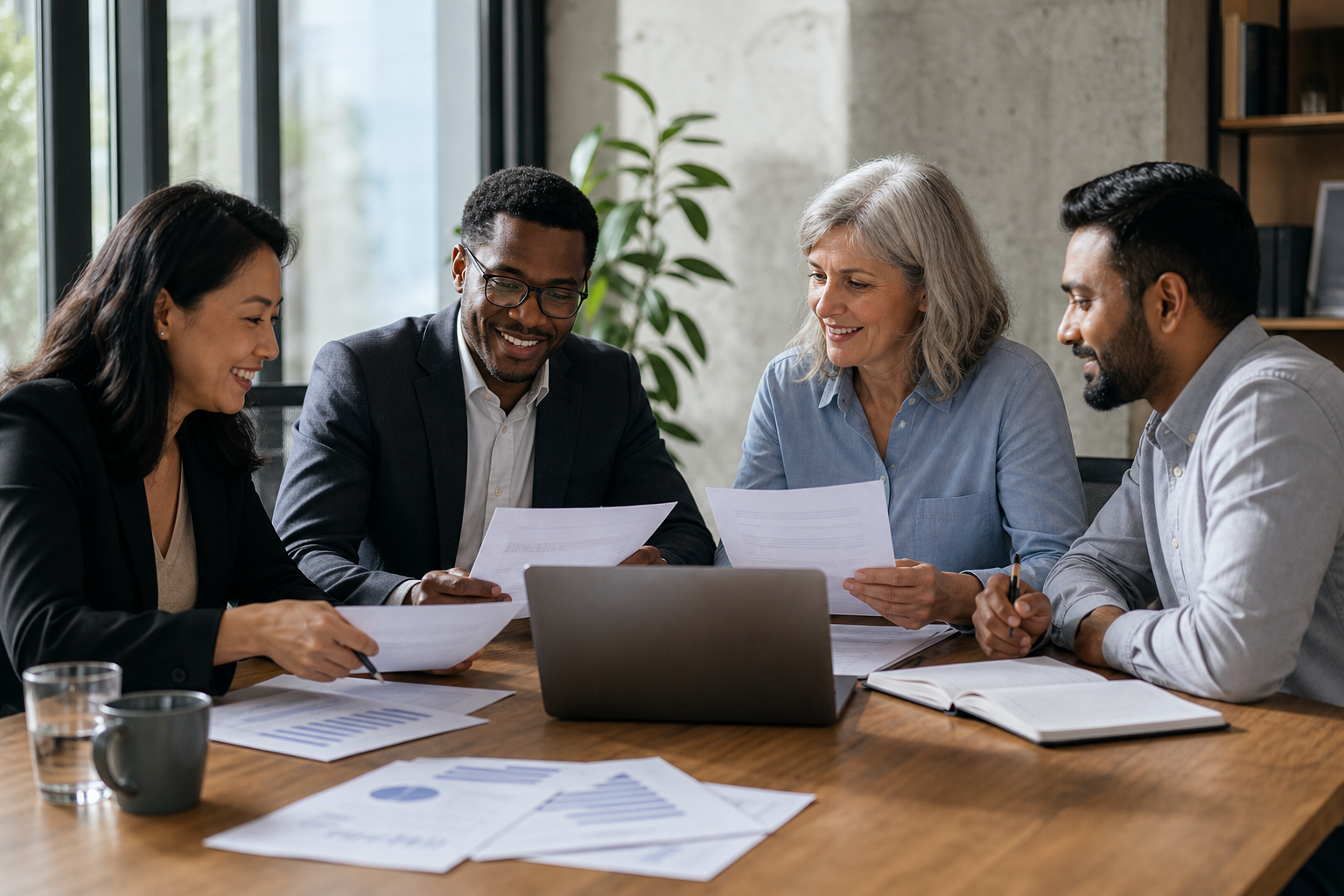 hr_admin_services_0019_Layer 3 woman viewing hr compliance checklist with team in background