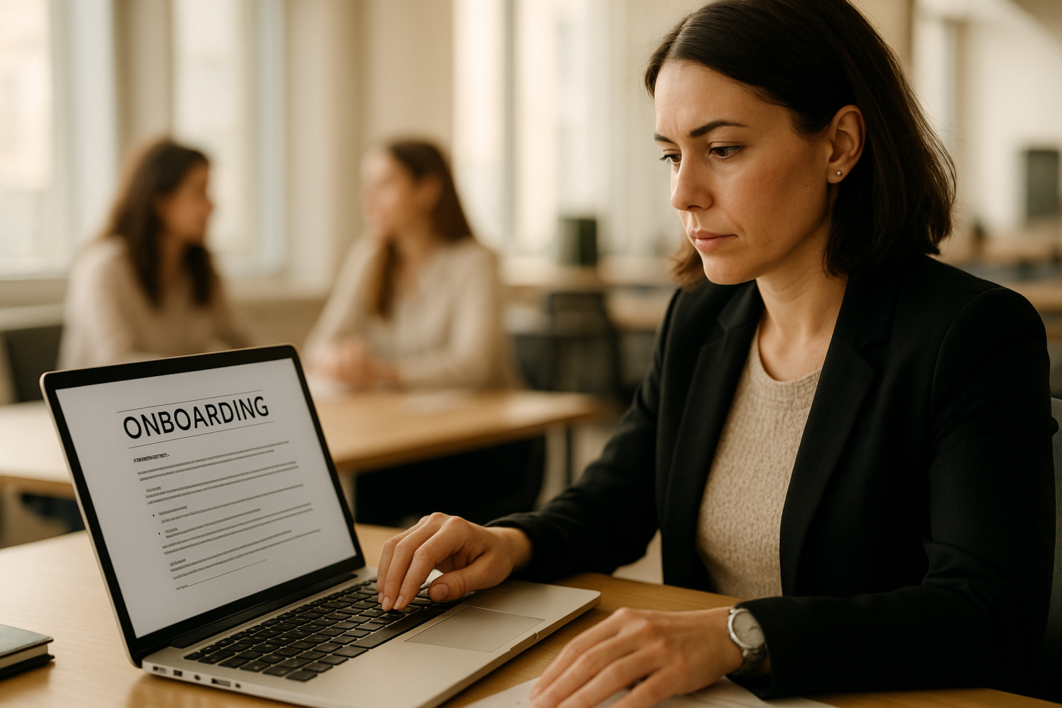 hr_admin_services_0019_Layer 3 woman viewing hr compliance checklist with team in background
