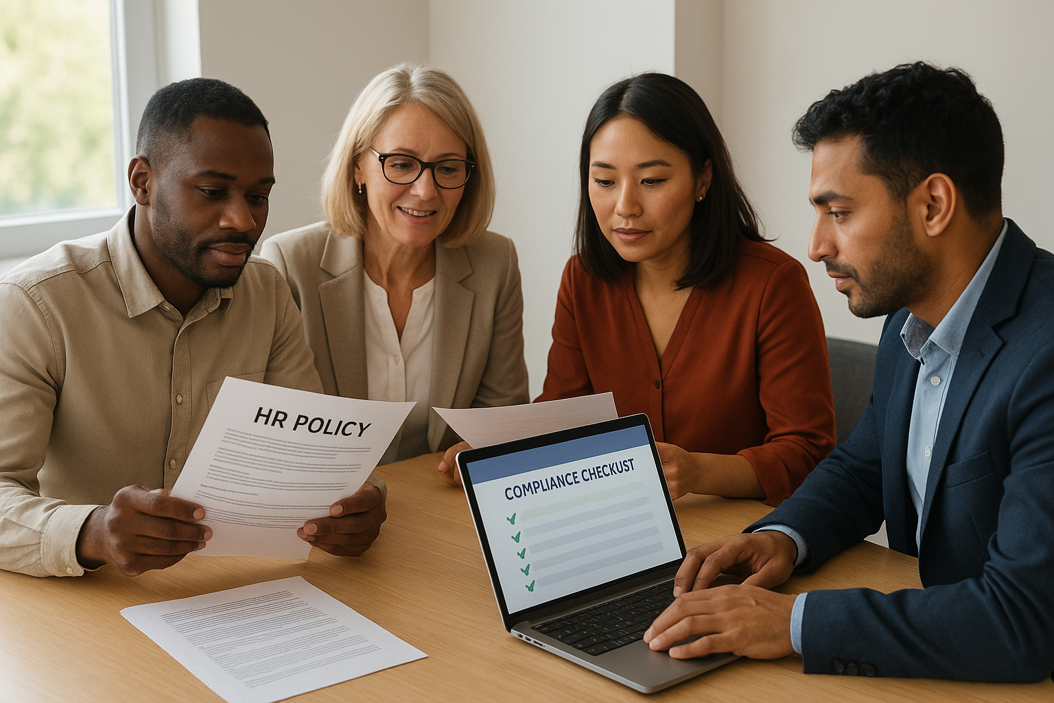 hr_admin_services_0019_Layer 3 woman viewing hr compliance checklist with team in background
