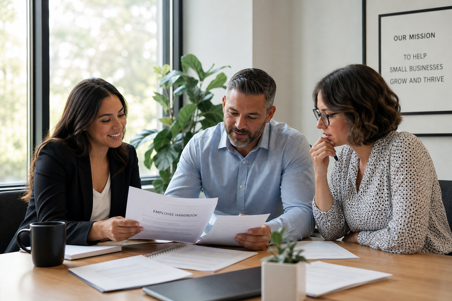 hr_admin_services_0019_Layer 3 woman viewing hr compliance checklist with team in background