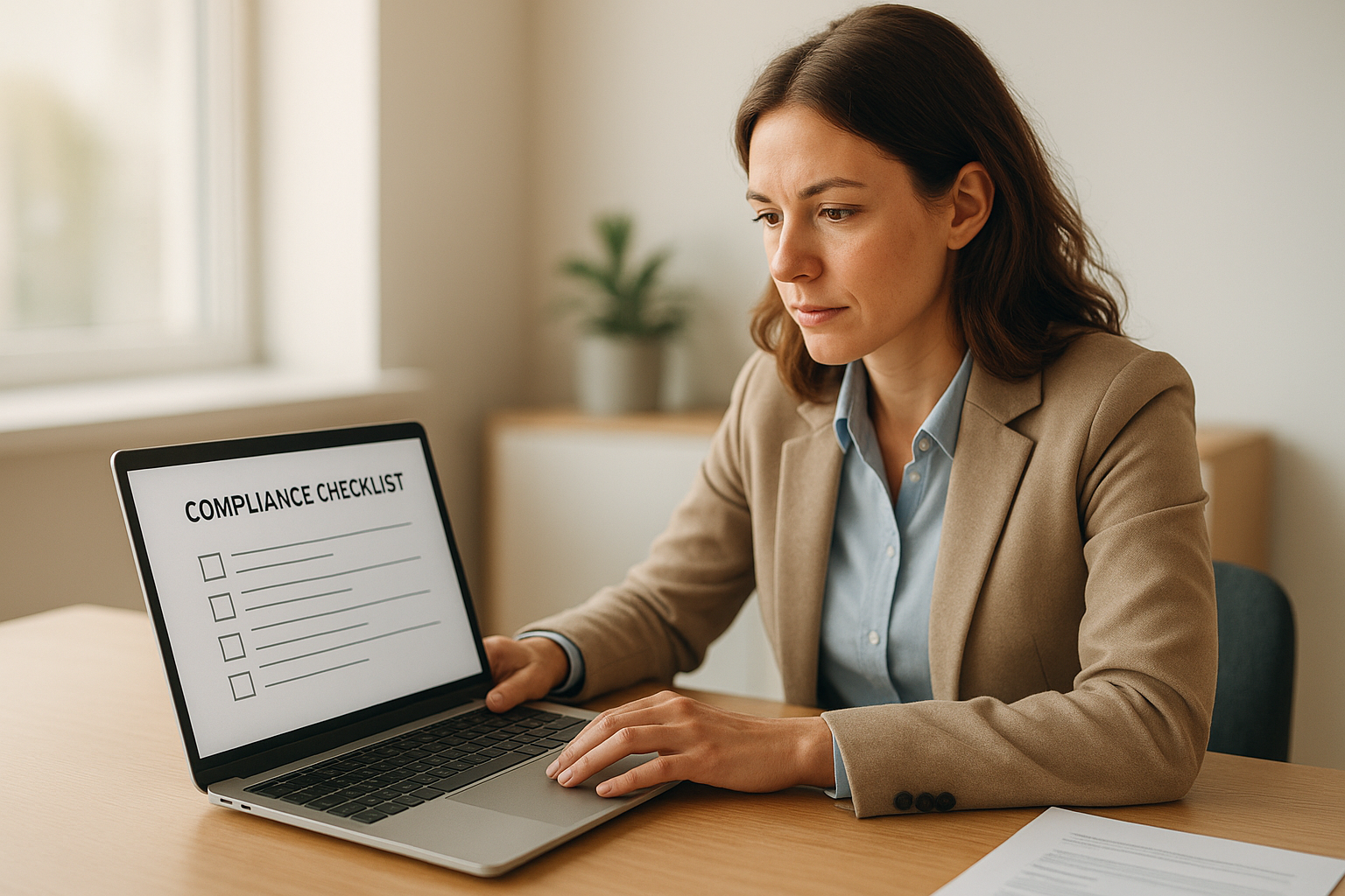 hr_admin_services_0019_Layer 3 woman viewing hr compliance checklist with team in background